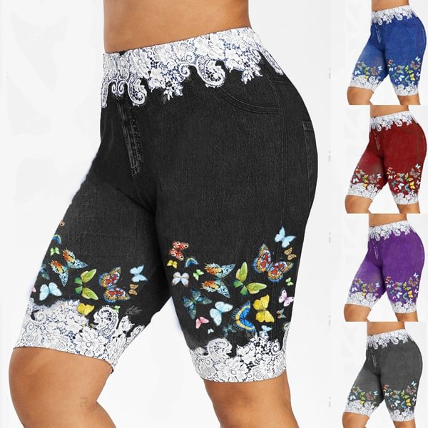 5 Colors Hot NEW Women's Fashion Plus Size Denim Leggings Summer Butterfly Printed Fitted Leggings Short Pants Plus Size S-5XL - Life is Beautiful for You - SheChoic
