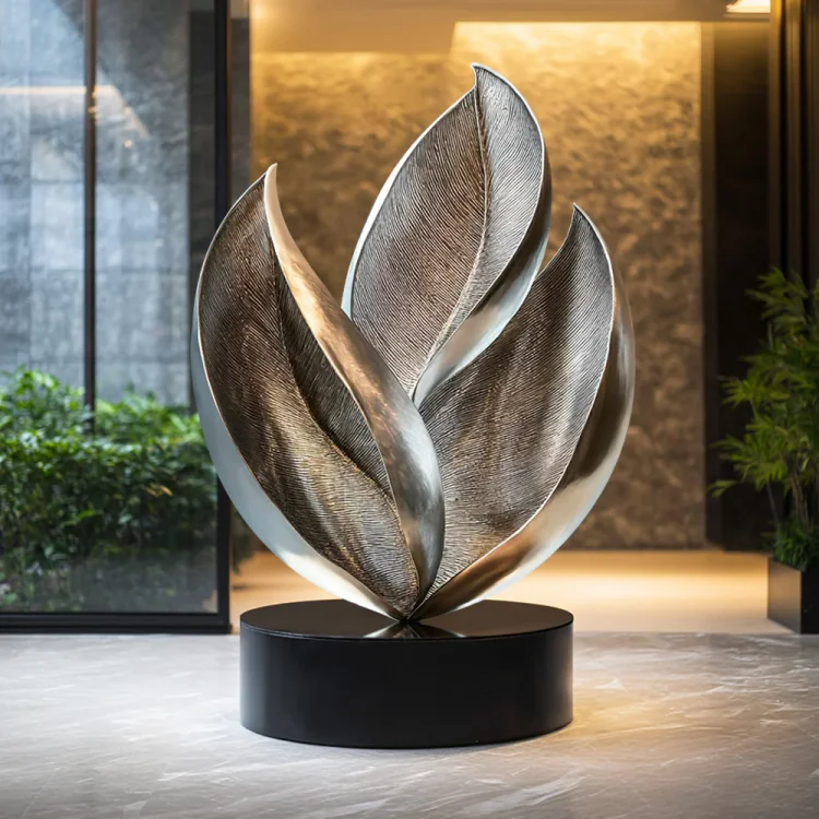 Custom Abstract Leaf-Inspired Stainless Steel Indoor Sculpture with Black Base
