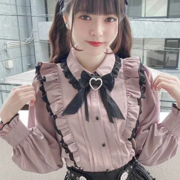 Woherb Pink Bow Blouse Women Japanese Kawaii Lace Ruffle Shirt Harajuku Cute Ladies Tops 2024 Lolita Blusas Femme Camisas Mujer