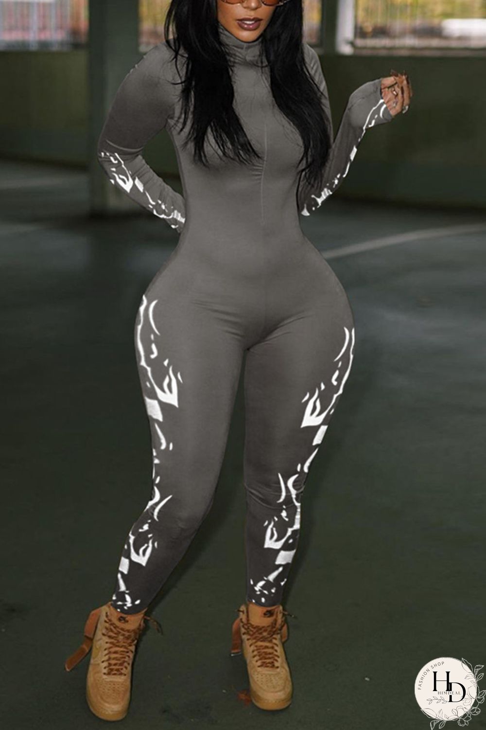 Army Green Fashion Casual Print Basic Turtleneck Skinny Jumpsuits