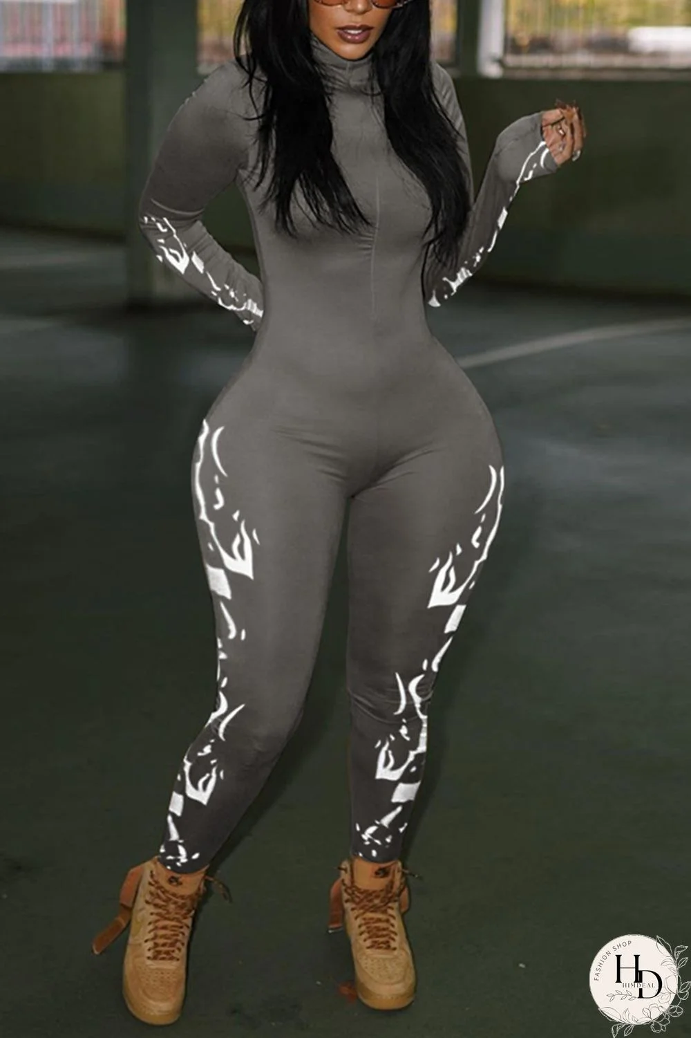 Army Green Fashion Casual Print Basic Turtleneck Skinny Jumpsuits