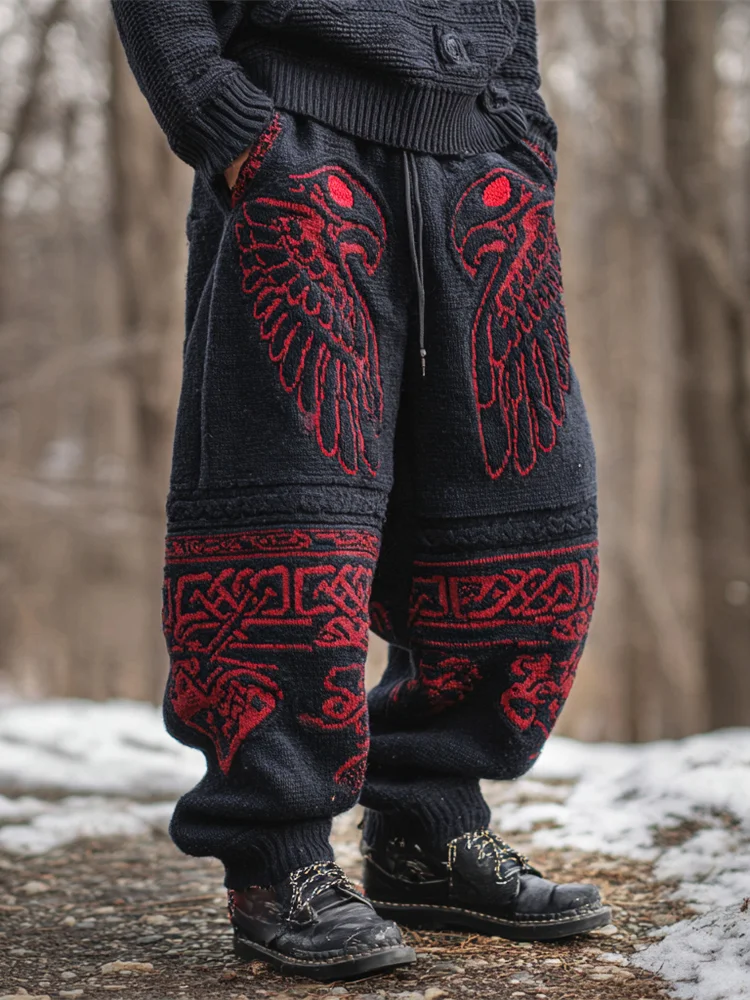 Dark Viking Raven Wing Design Men's Knit Pants