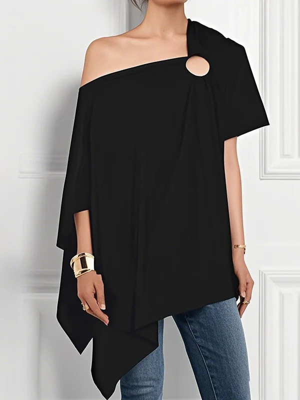 Solid Color Hollow Asymmetric Short Sleeves Loose One-Shoulder Blouses&Shirts Tops