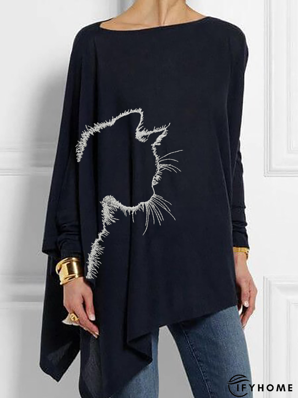 Boat Neck Cat Long Sleeve T-shirt | IFYHOME