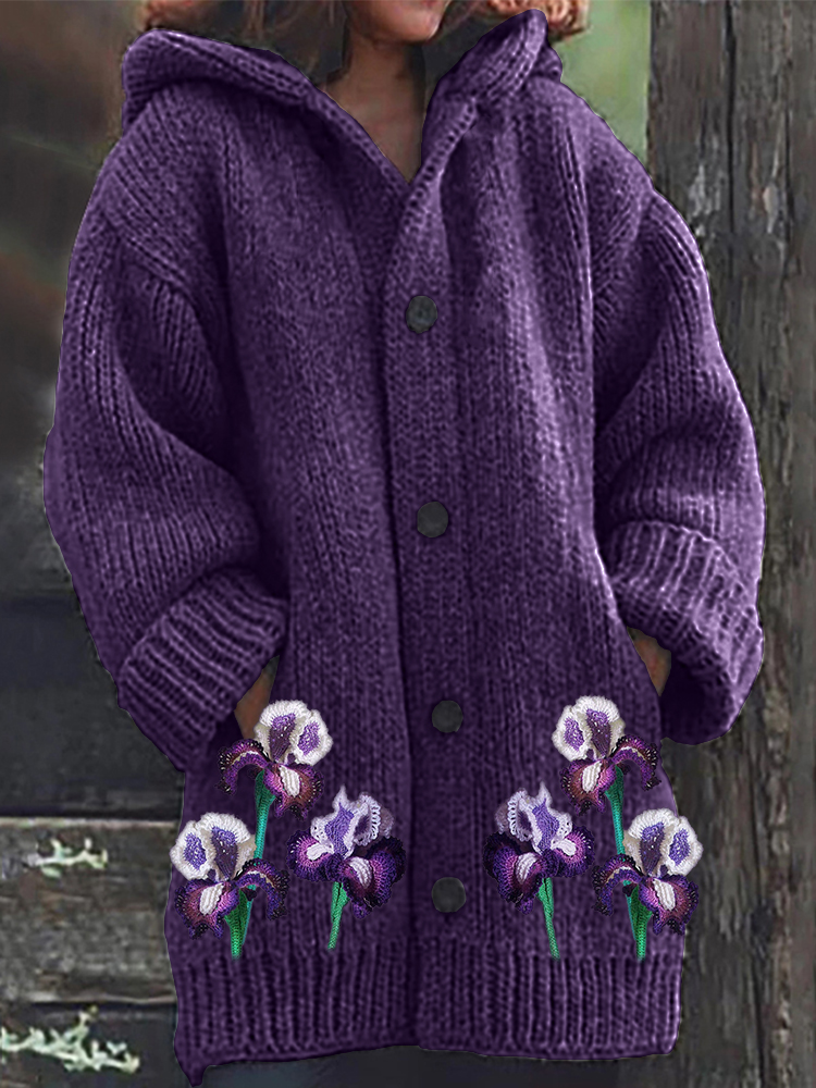 Classy Irises Crochet Art Cozy Knit Hooded Cardigan wearshes