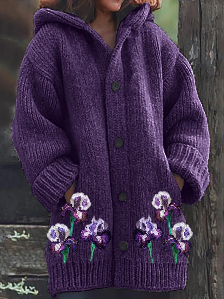 VChics Classy Irises Crochet Art Cozy Knit Hooded Cardigan
