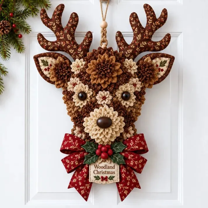 Woodland Reindeer fabric flower door hanging design