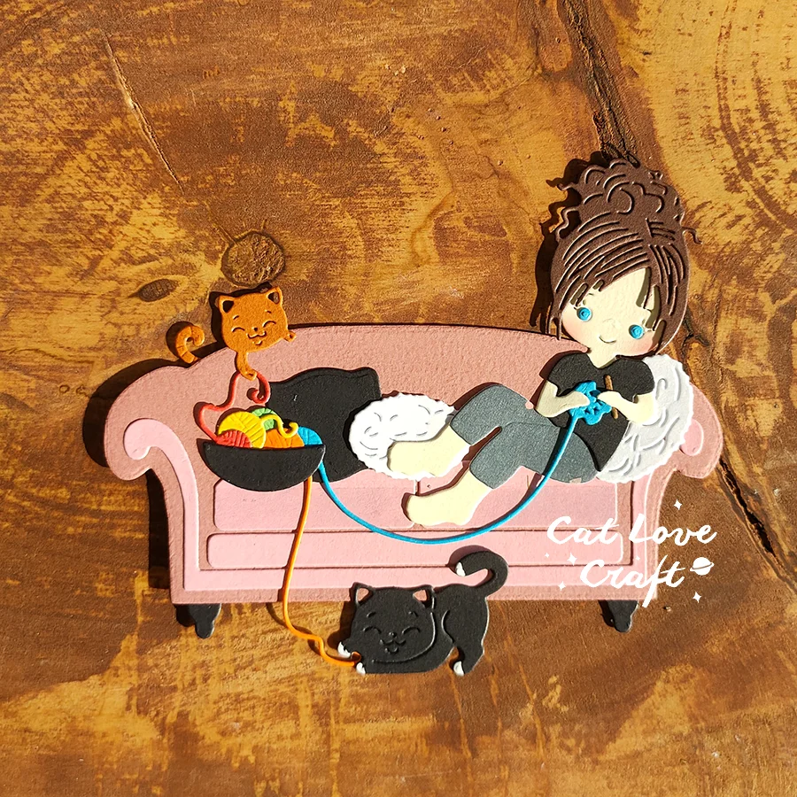 Nigikala Girl knitting on the sofa Metal Cutting Dies Scrapbooking Stencil Die Cuts Card Making Craft Embossing New Dies For 2023