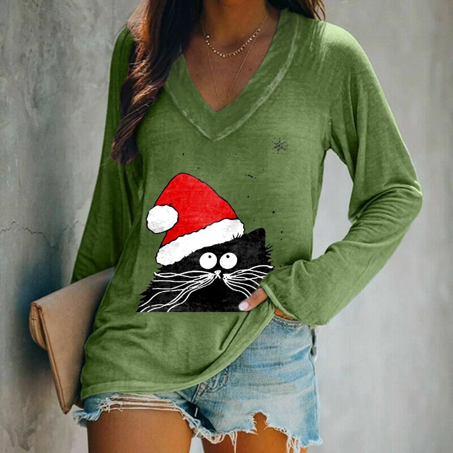 Christmas Black Cat Printed Women's T-shirt