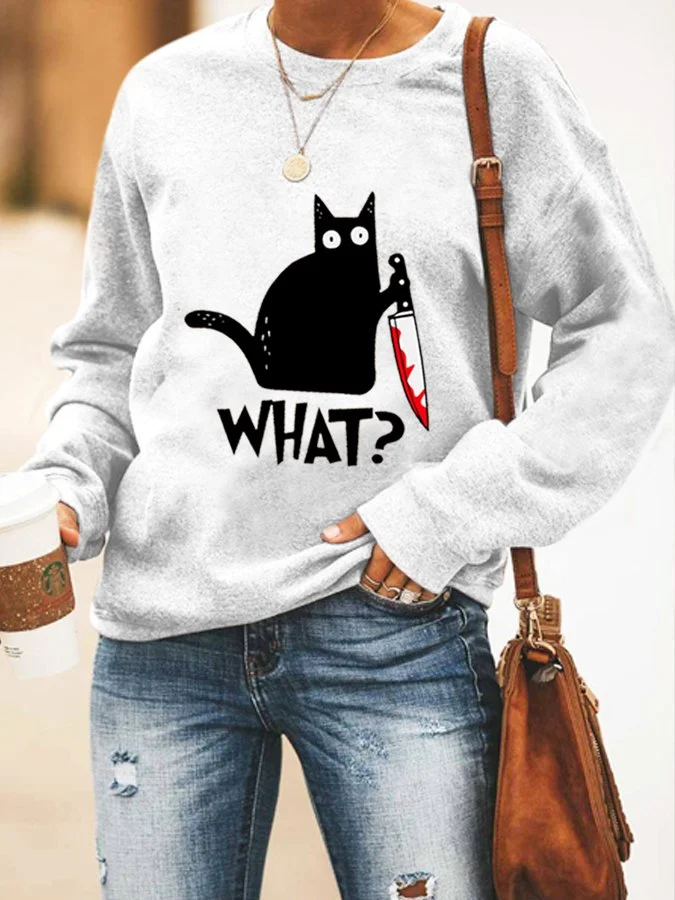 Women's Casual  Halloween "What?" Printed Long Sleeve Top