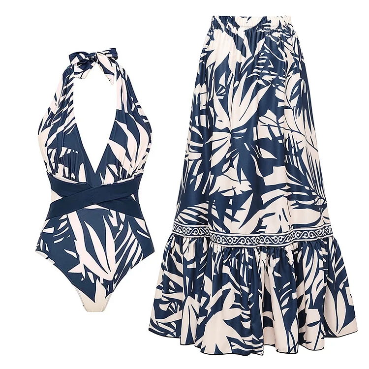 V Neck Leaves Print One Piece Swimsuit and Pants/Skirt