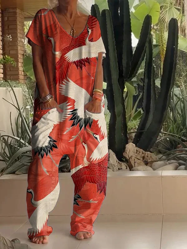 Vintage Crane Art Print V Neck Jumpsuit