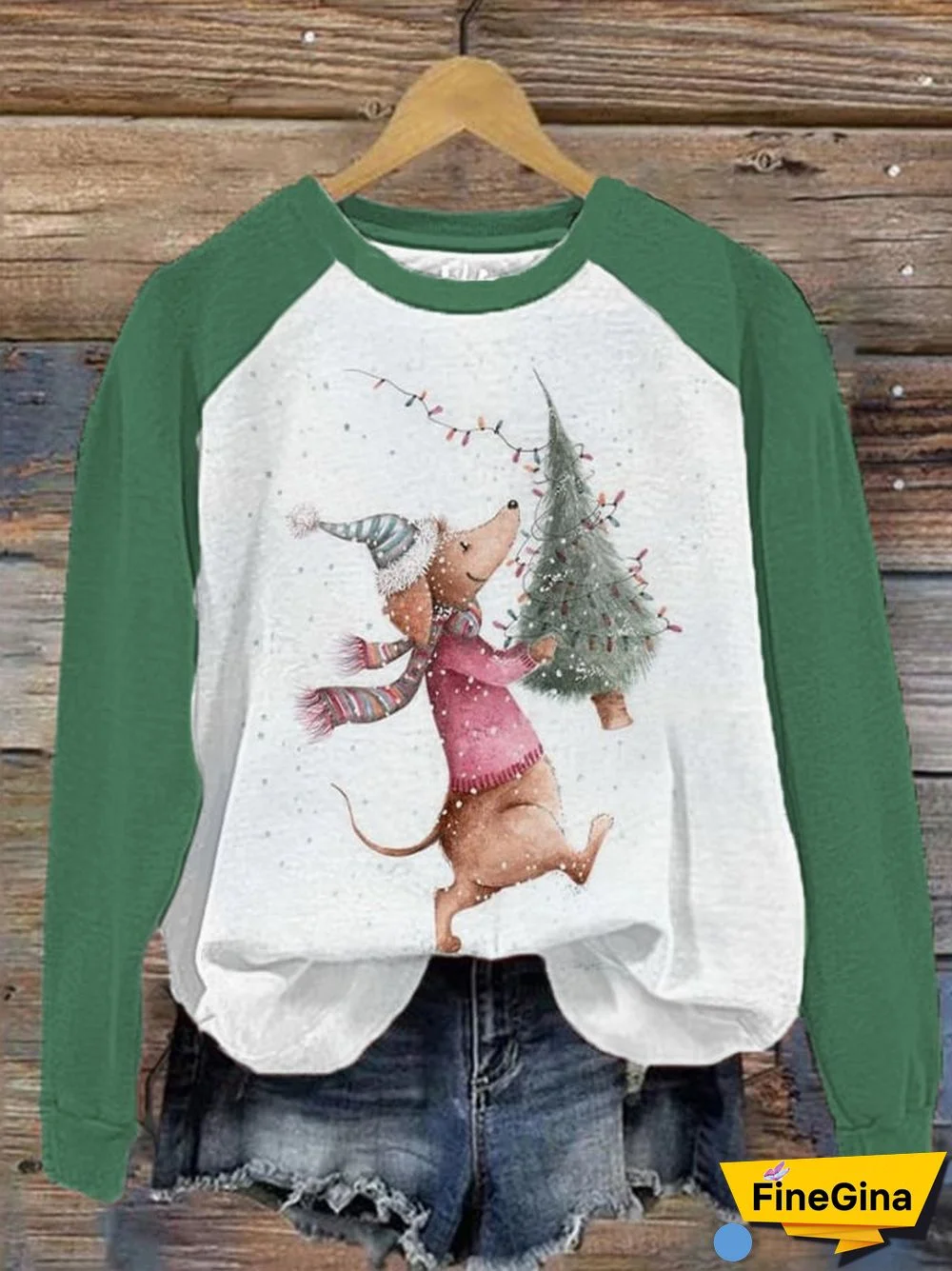 Women's Christmas Tree Dachshund Dog Print Casual Sweatshirt