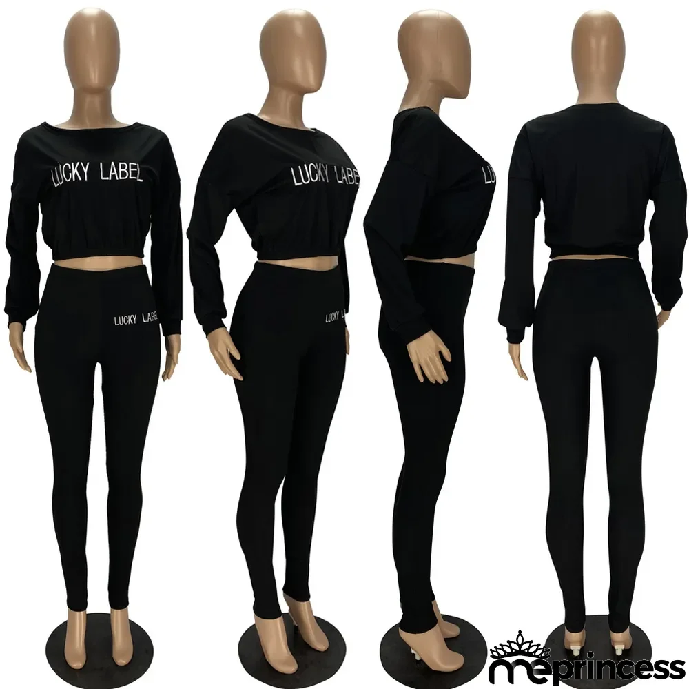 Plus Size Letter Long Sleeve 2 Piece Pants Set