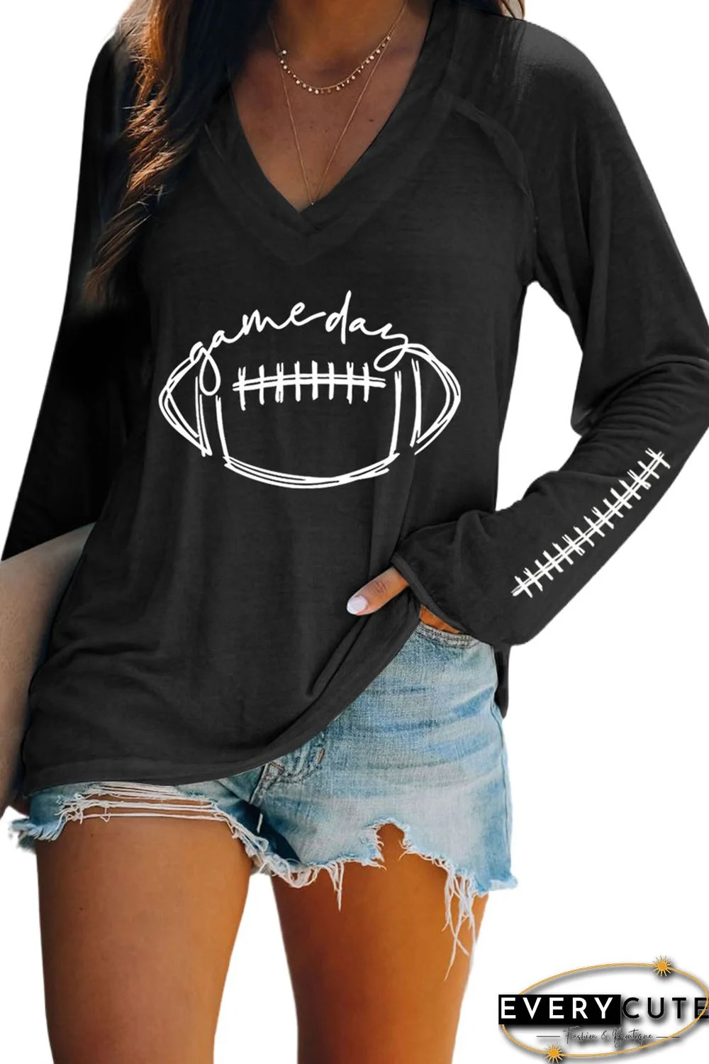 Black Game Day Soccer Graphic Print V Neck Top