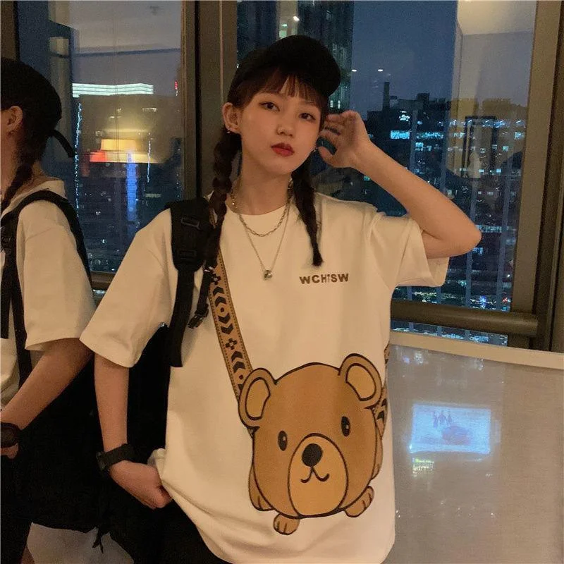 Harajuku Print O Neck Cotton Short Sleeve T Shirt Women Summer 2021 New Korean Fashion Kawaii Clothes Top Bear Chic Tee Tshirts