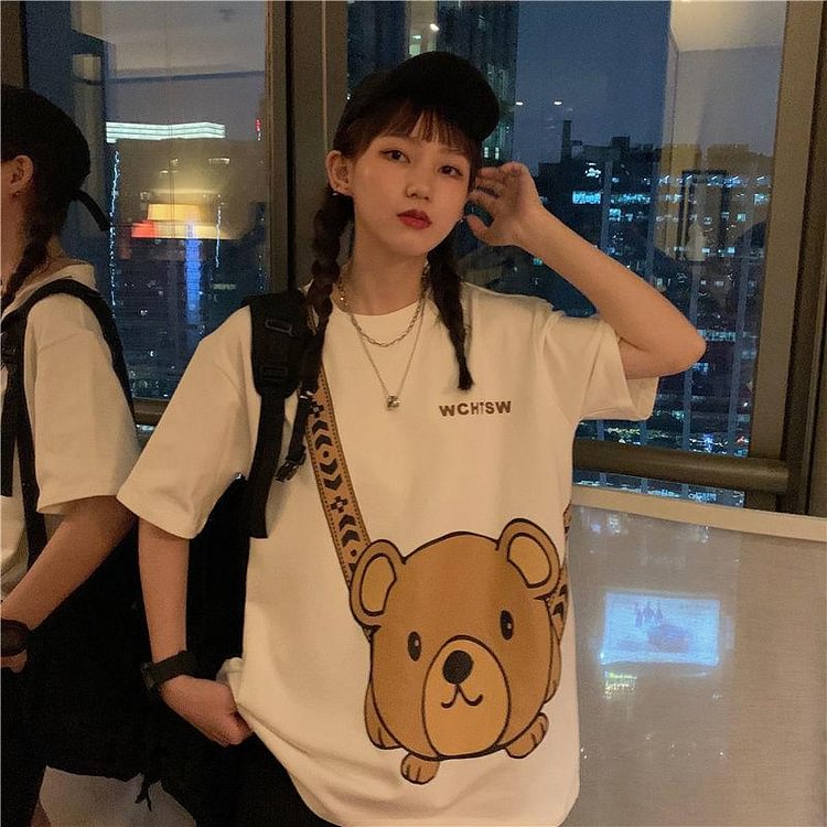 Harajuku Print O Neck Cotton Short Sleeve T Shirt Women Summer New Korean Fashion Kawaii Clothes Top Bear Chic Tee Tshirts - BlackFridayBuys