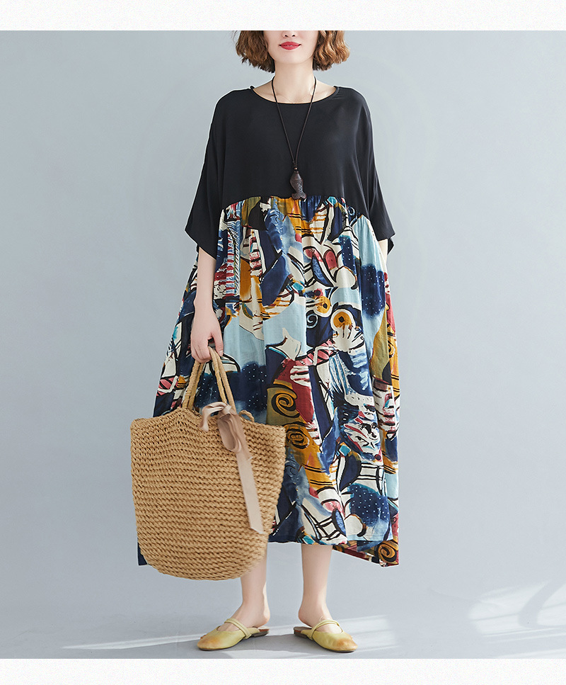 Literary Loose Print Short-Sleeved Midi Dress