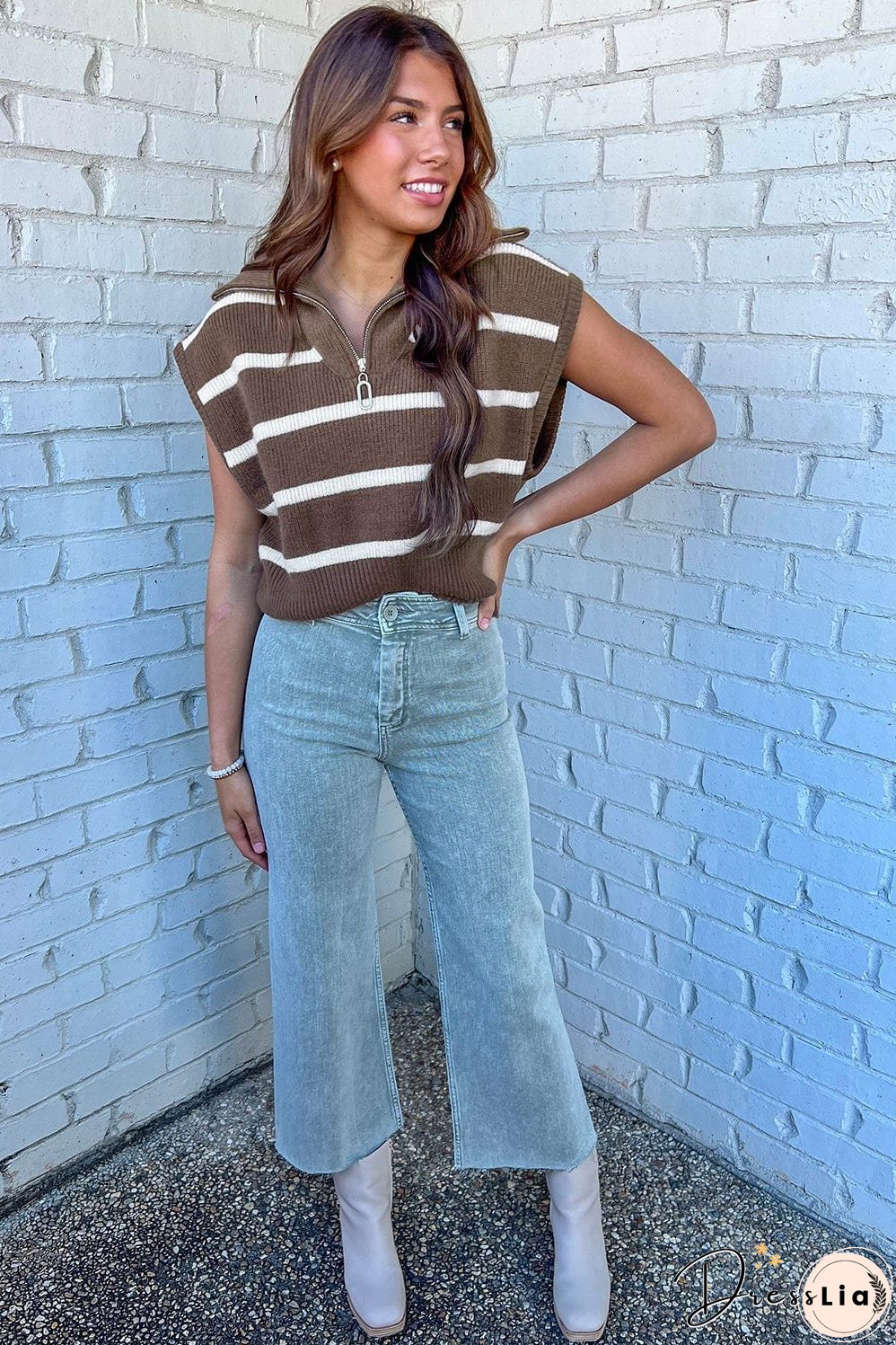 Cozy Brown Striped Zip-Up Collared Cap Sleeve Sweater Top