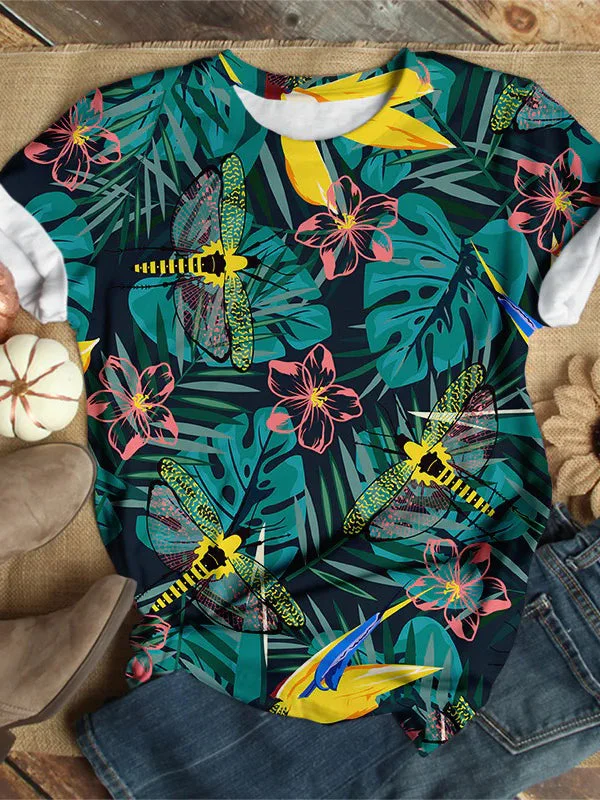 Women's Leaf Dragonfly Print Short Sleeve Top