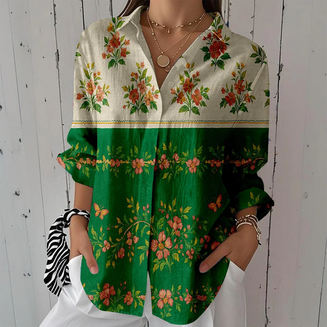 Style & Comfort for Mature Women Women Leaves, Green, Red DZCL0171 3/4 Sleeve Shirt Collar Printed Button Tops