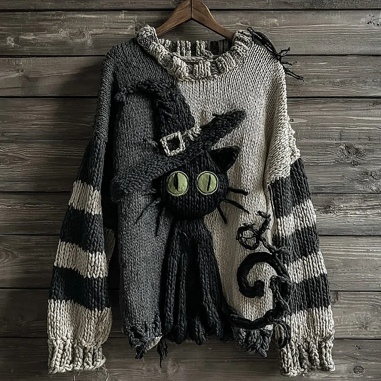 Halloween Black Cat Striped Knitted Warm Crew Neck Sweater