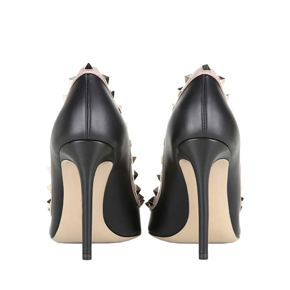 100mm Women's Sexy Pointy Toe Studs Stilettos High Heels Rivets Shoes Black Matte-vocosishoes