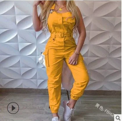 Uveng Uveng Women's Work-Packed Pocket Design Jumpsuit Sleeveless Backs And Trousers Simple Restraints Trousers + Belts