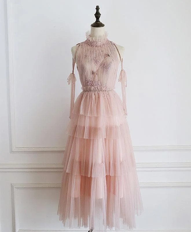 Pink Tulle Lace Prom Dress, Tulle Lace Formal Dress