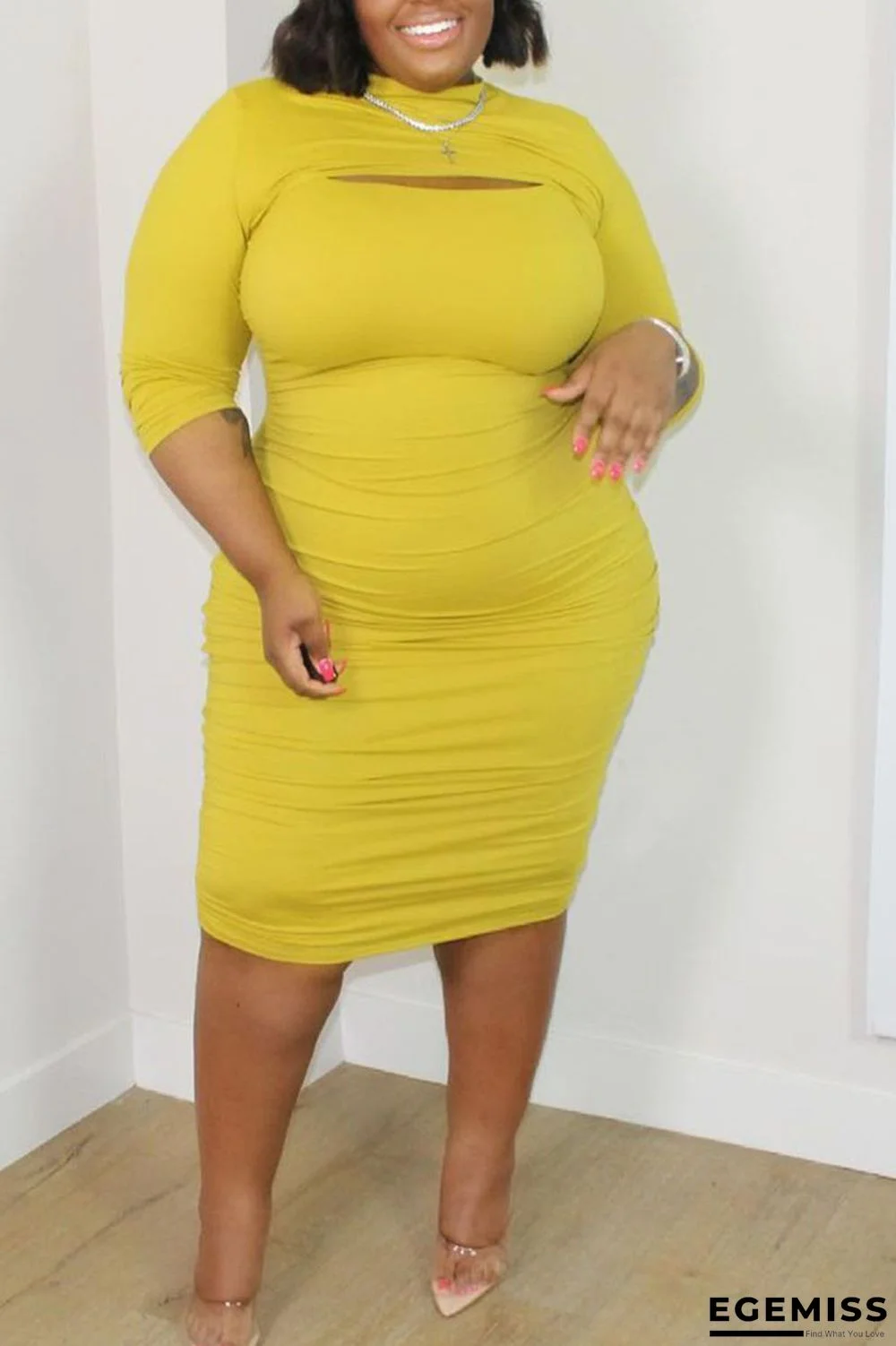 Yellow Sexy Solid Hollowed Out Patchwork O Neck One Step Skirt Plus Size Dresses | EGEMISS