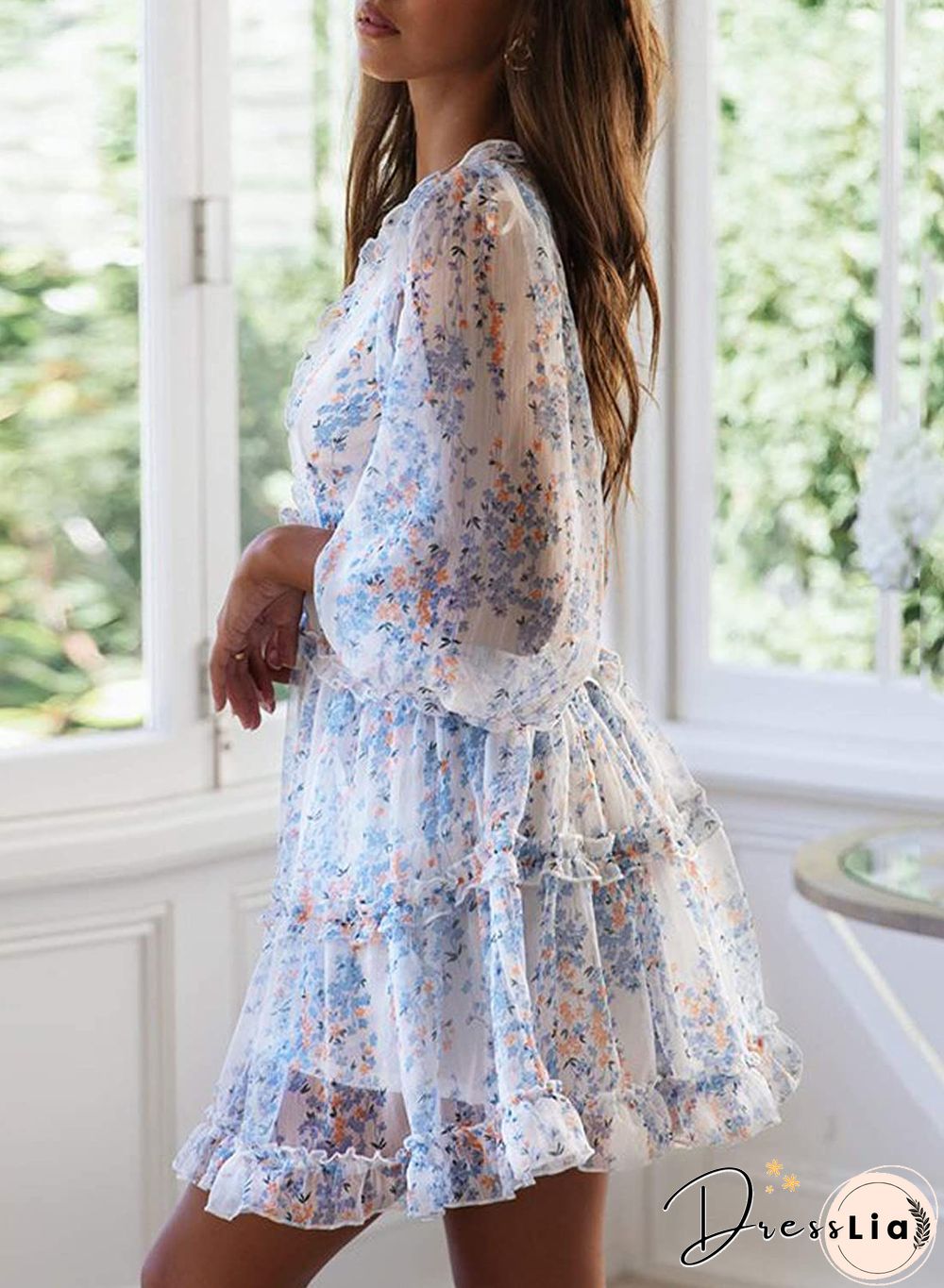 Ditsy Floral Prints Ruffle Edge Tiered Long Sleeve Boho Dress