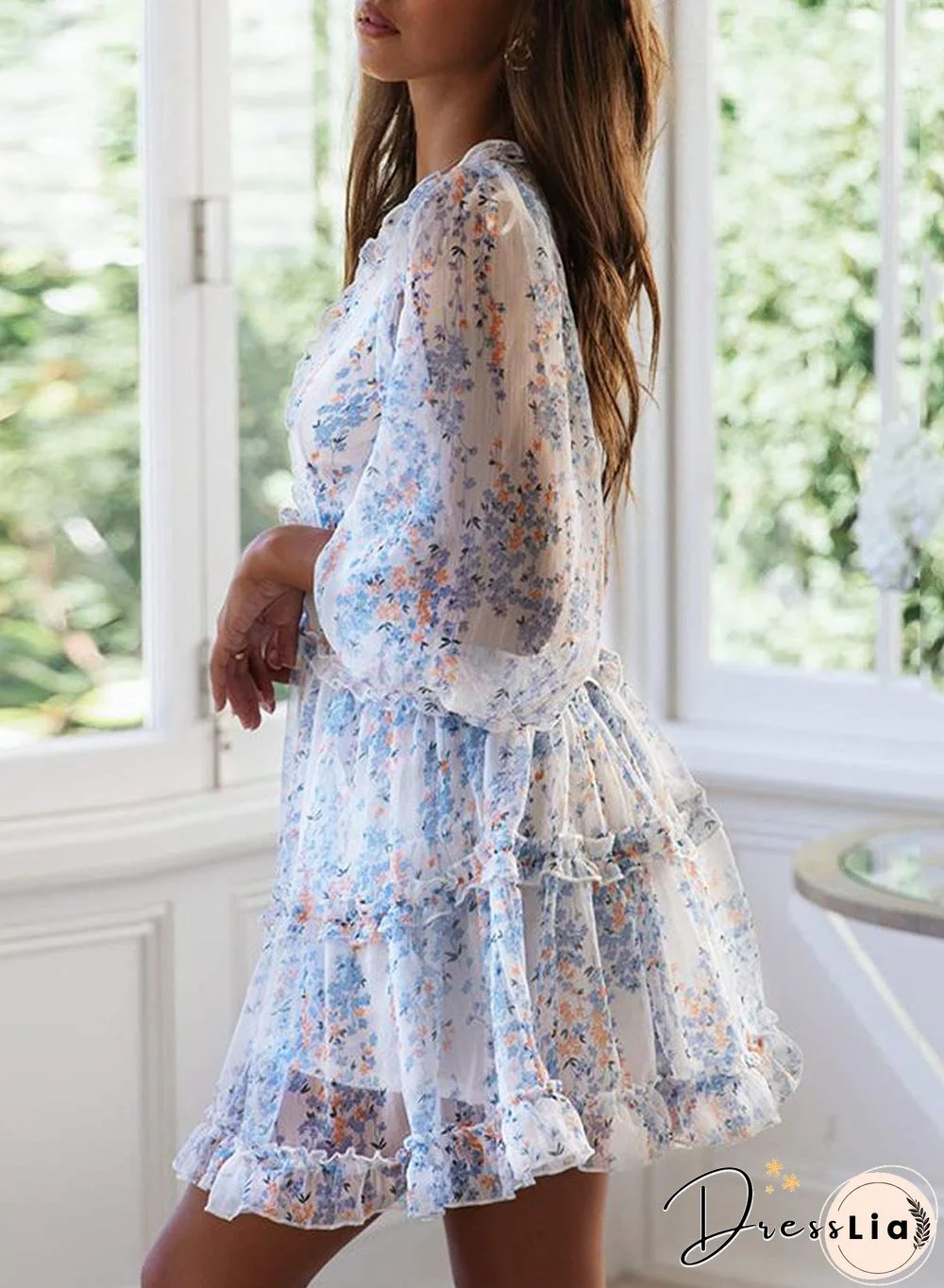 Ditsy Floral Prints Ruffle Edge Tiered Long Sleeve Boho Dress