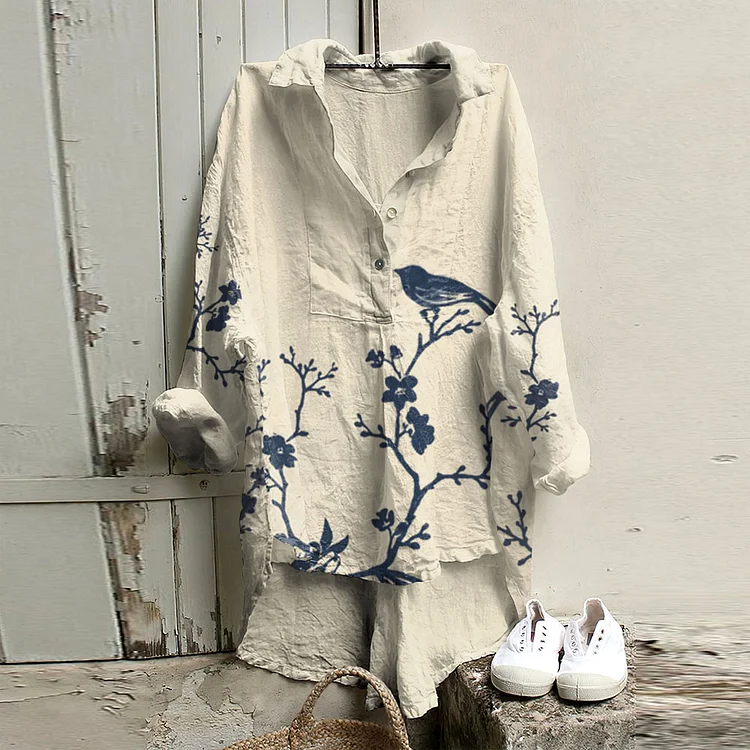 Comstylish Retro Japanese Birds Blossom Art Woven Tunic