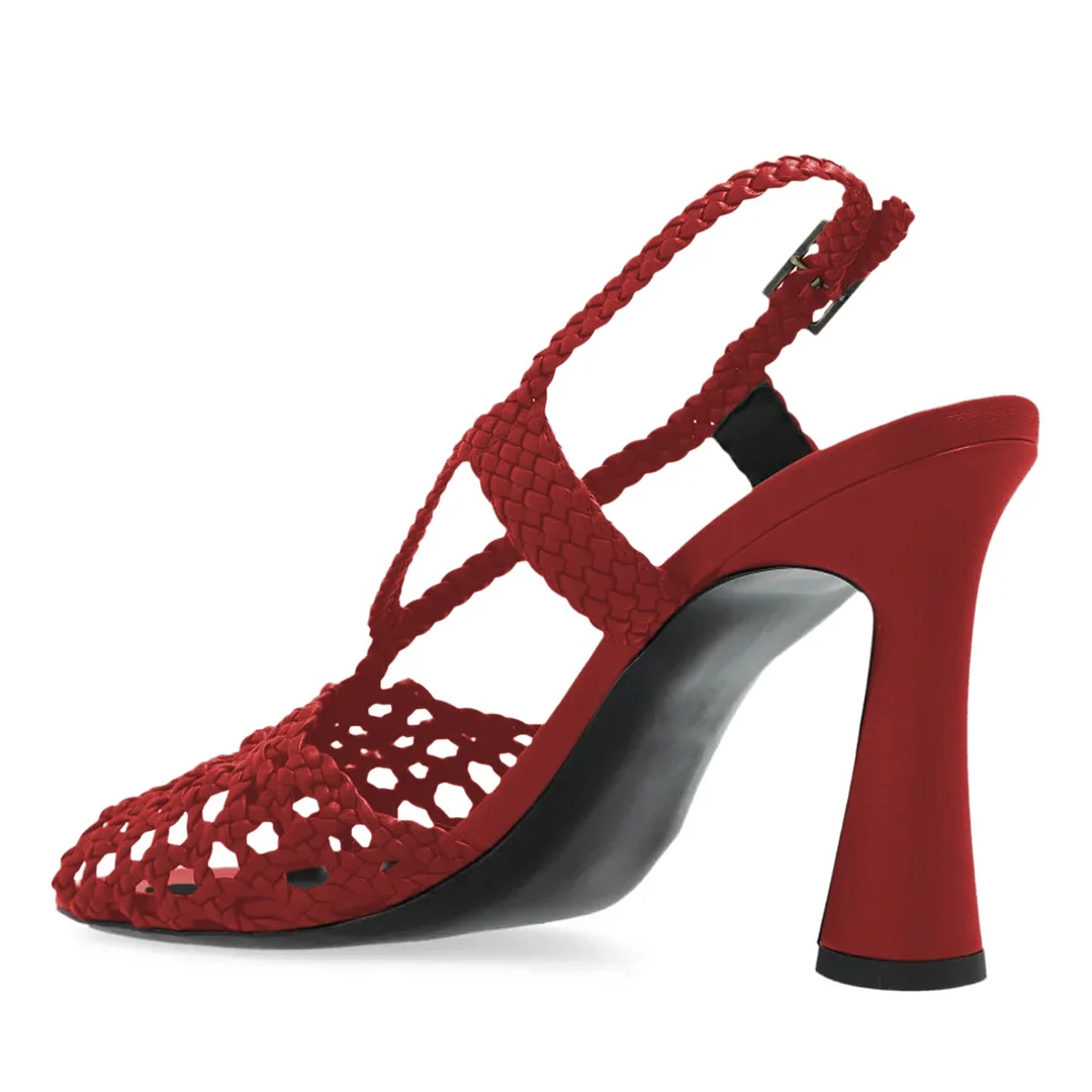 Peep Toe Braided Cut-Out Red Buckled Flared High Heels Sandals