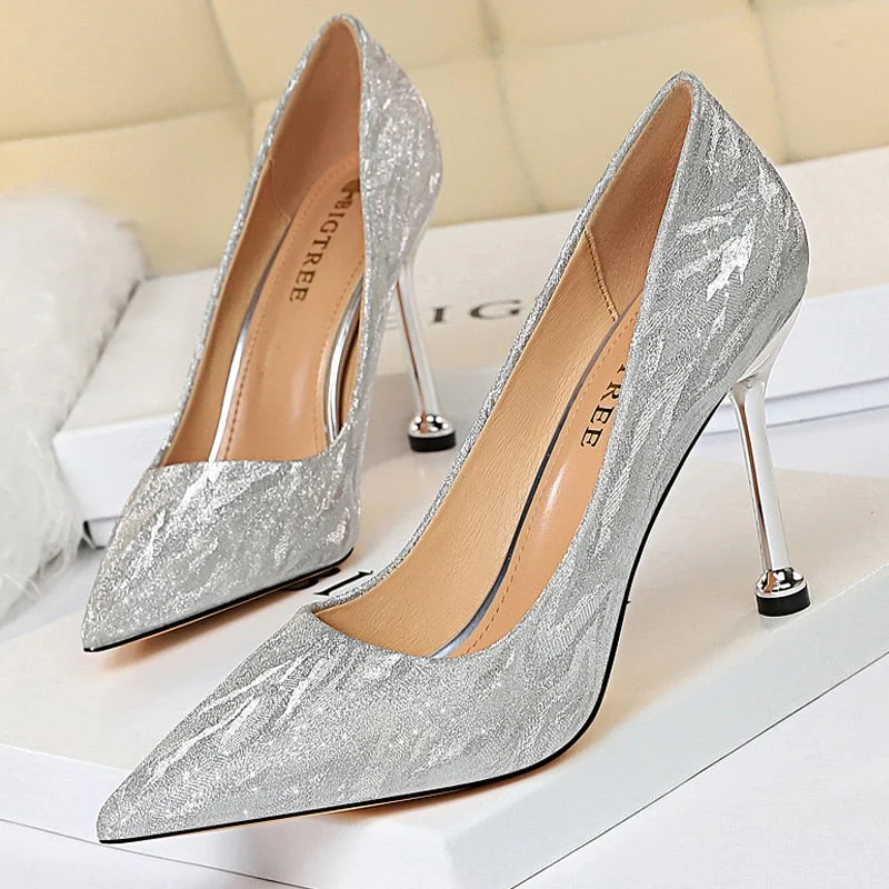 BIGTREE Shoes Woman Pumps Silver Champagne High Heels Stiletto Wedding Shoes Sequins Women Heels Fashion Ladies Shoes Party Shoe