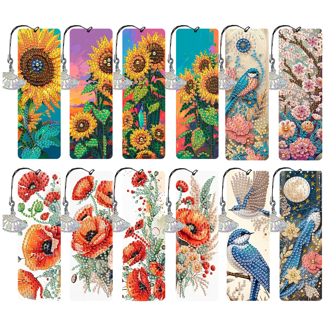 12Pcs Flowers and Birds DIY Diamond Painting Bookmarks for Reading Enthusiasts