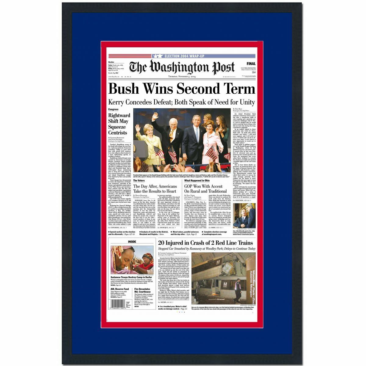 Framed The Washington Post 2004 George W. Bush Election Newspaper 17x27 Photo Poster painting