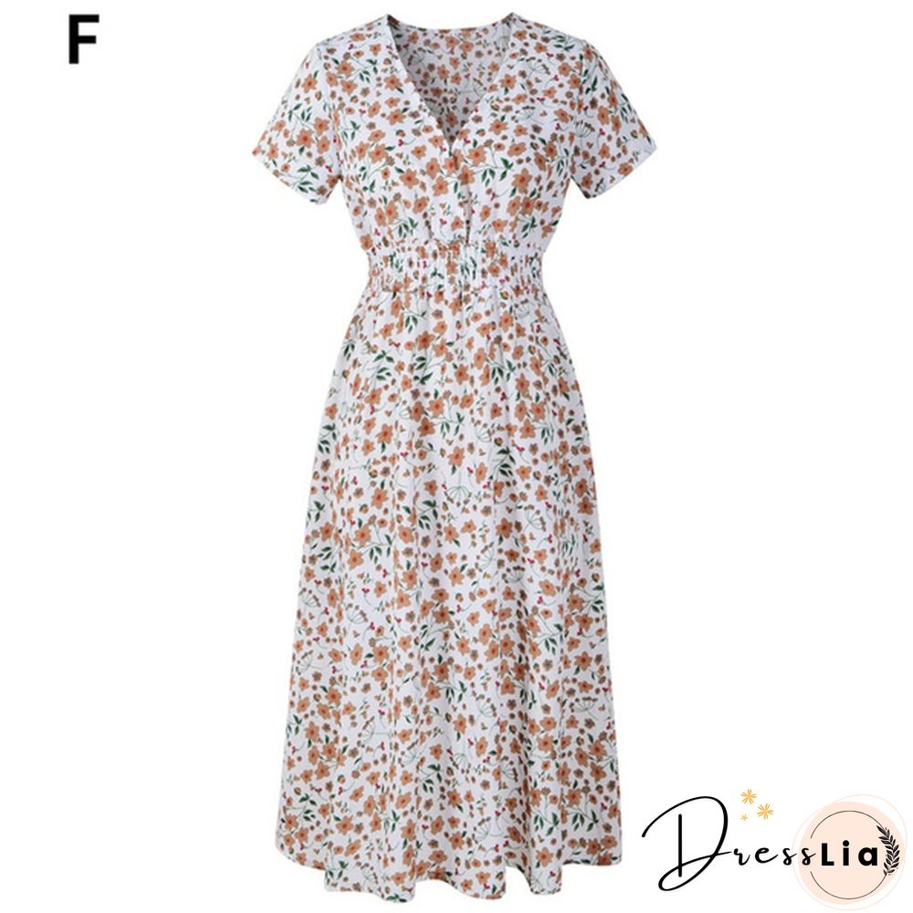 Women's Fashion Bohemian Skirt Chiffon Summer Print V-Neck Short-Sleeved Floral Dress
