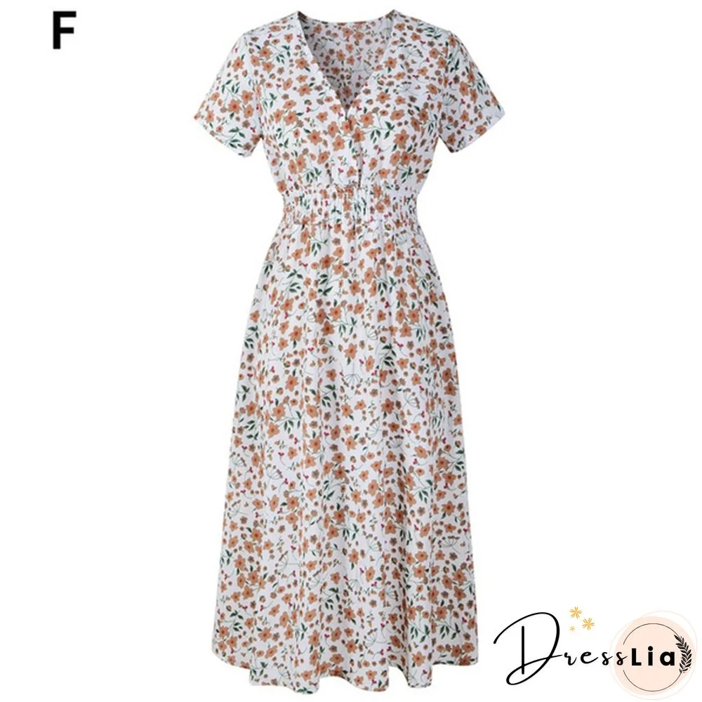 Women's Fashion Bohemian Skirt Chiffon Summer Print V-Neck Short-Sleeved Floral Dress