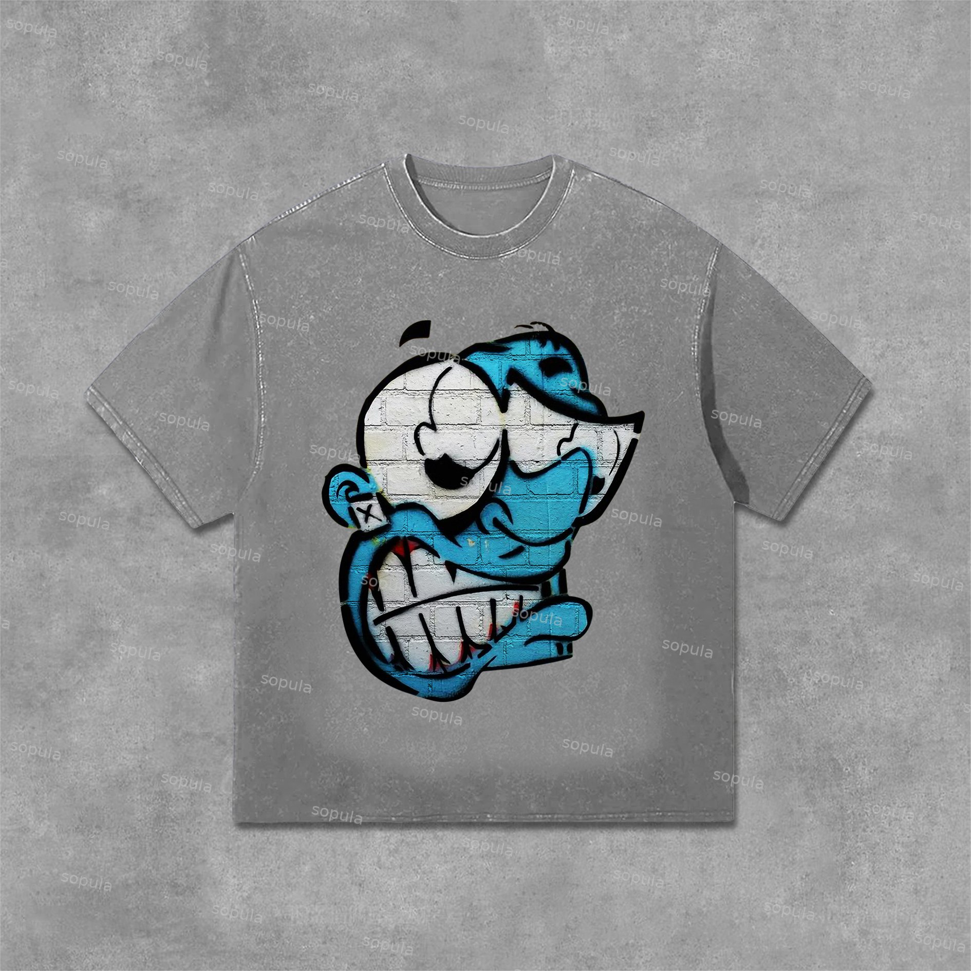 Sopula Vintage Cartoon Monster Graphic Print Casual Acid Washed T-Shirt