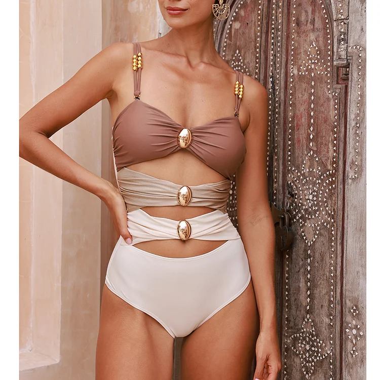 Color Block Cutout One Piece Swimsuit and Sarong