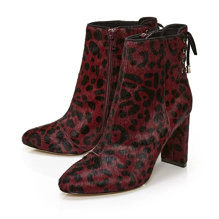Maroon Leopard Print Boots Chunky Heels Horse Hair Ankle Boots |FSJ Shoes