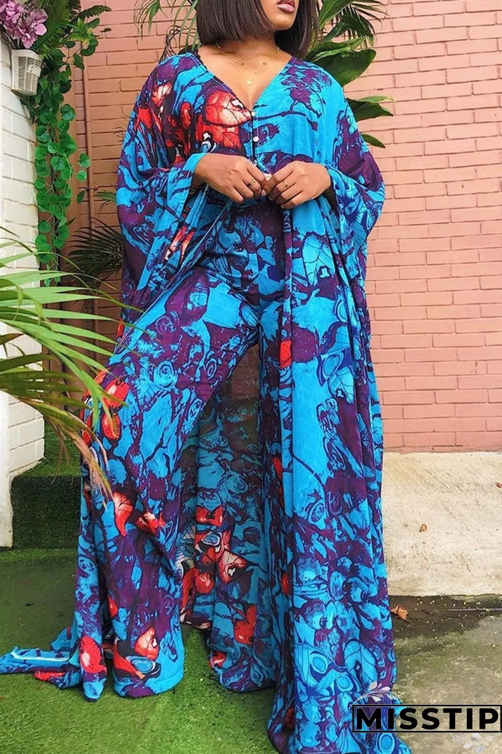 Blue Fashion Casual Print Slit V Neck Long Sleeve Two Pieces
