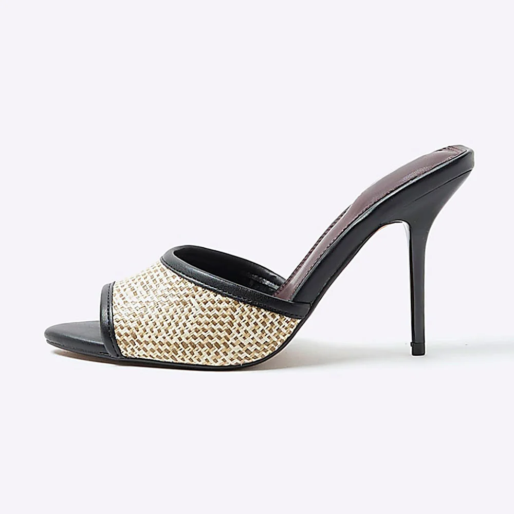 Black & Beige Raffia Peep Toe Stiletto Heel Slide Shoes for Women