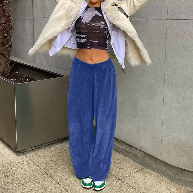 Hugcitar 2021 Velvet Wide Leg Pants Loose Autumn Winter Clothes Women Sweatpants Fashion Bottoms Streetwear Casual Trousers