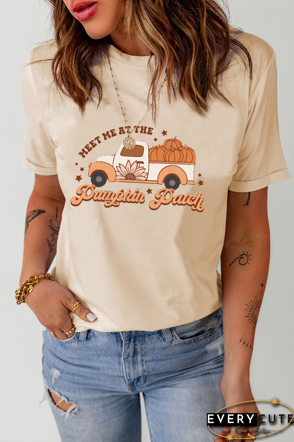 Khaki Pumpkin Patch Truck Graphic Print Short Sleeve Tee