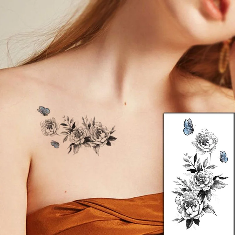 Waterproof Temporary Tattoo Sticker Black Wolf Arrow Rose Butterfly Flash Tattoos Totem Line Body Art Hand Fake Tatoos Women Men