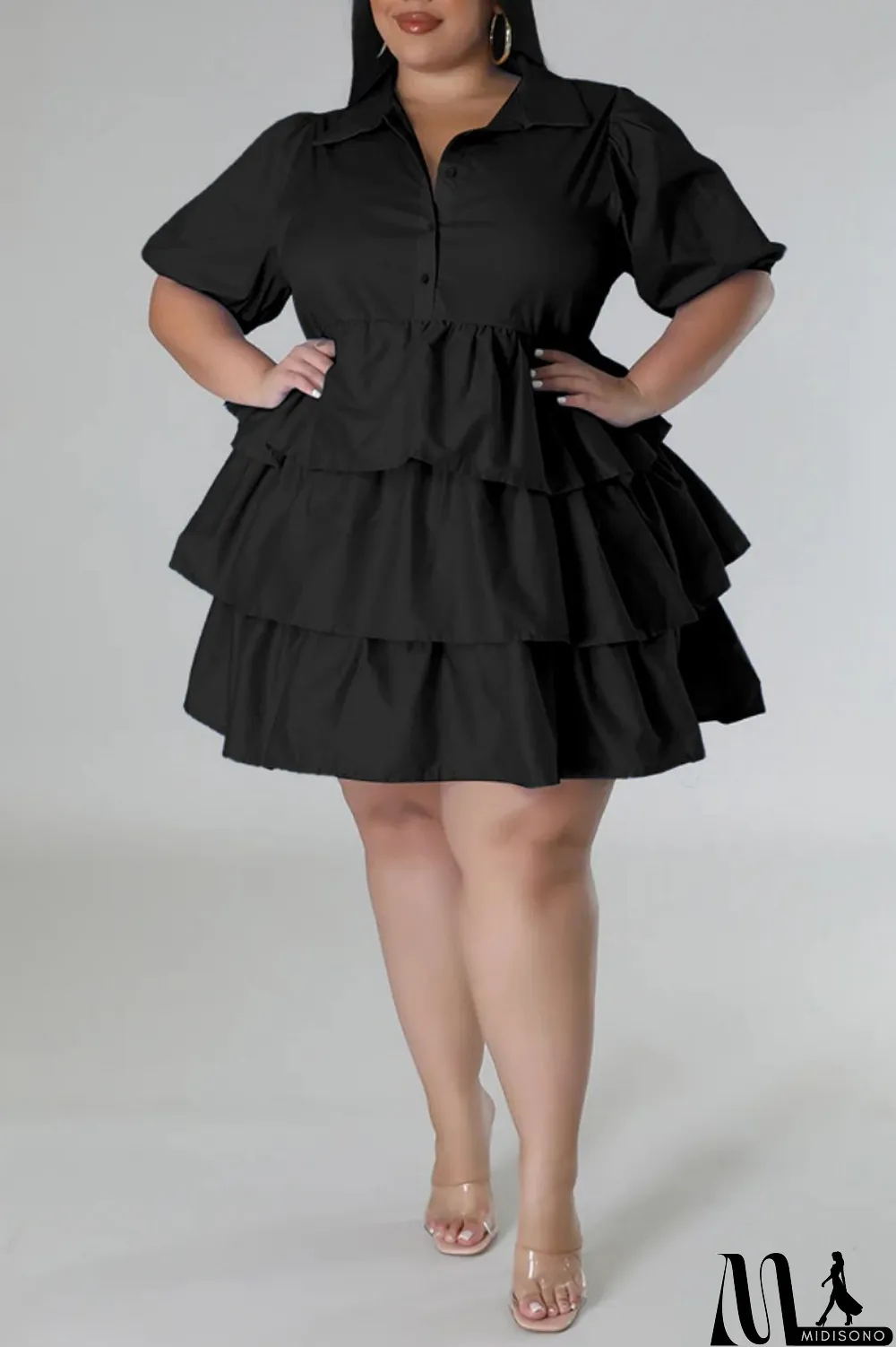 MidiSono - Light Blue Casual Solid Patchwork Turndown Collar Cake Skirt Plus Size Dresses