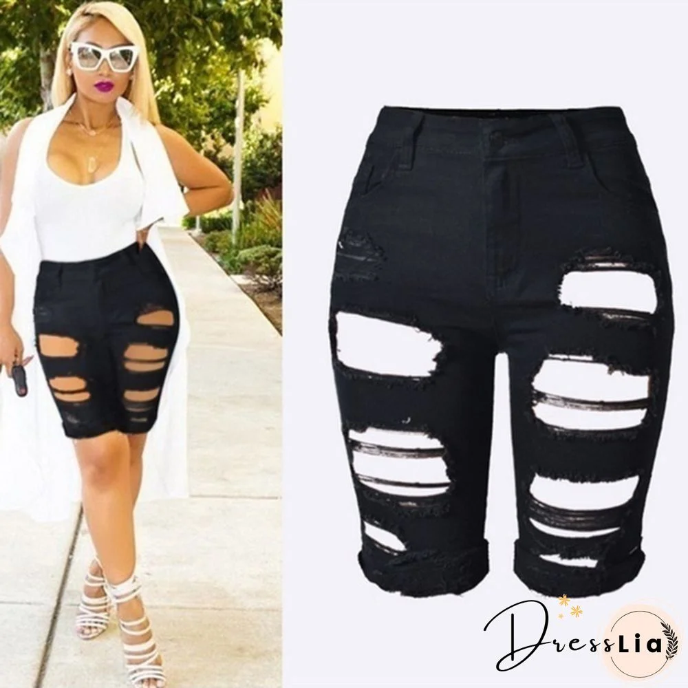 Women Casual Street Style Half Blue Denim Shorts Stretch Pants Slim Boyfriend Ripped Hole Jeans