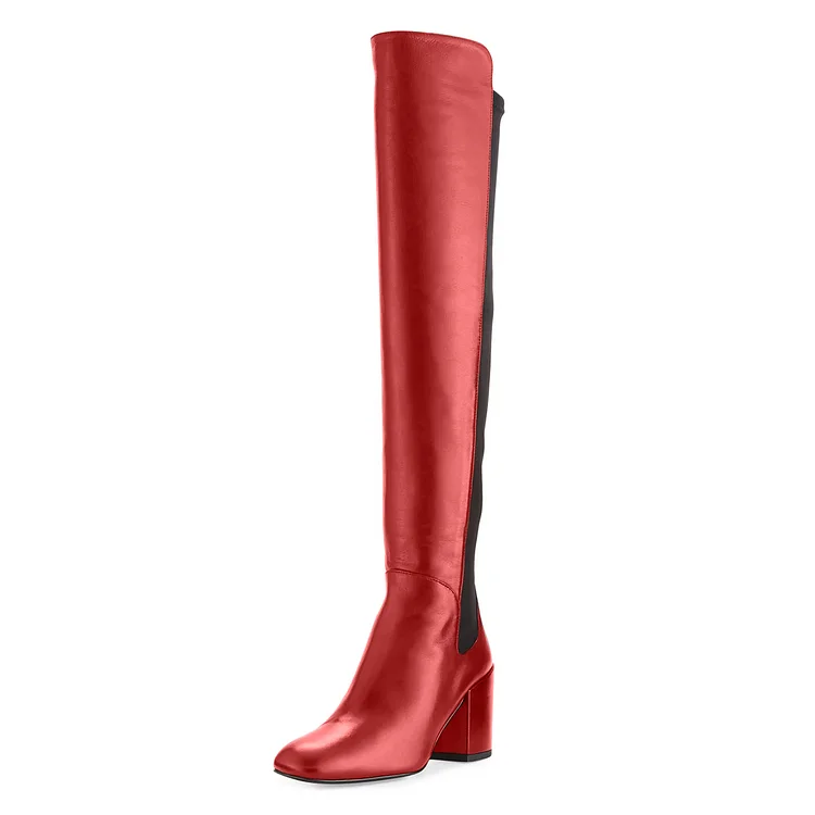 Red Square Toe Boots Block Heel Over-the-Knee Long Boots |FSJ Shoes
